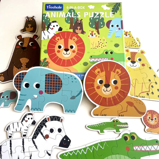PUZZLE ANIMALES SELVA - Progresivo 6 en 1 con miniatura