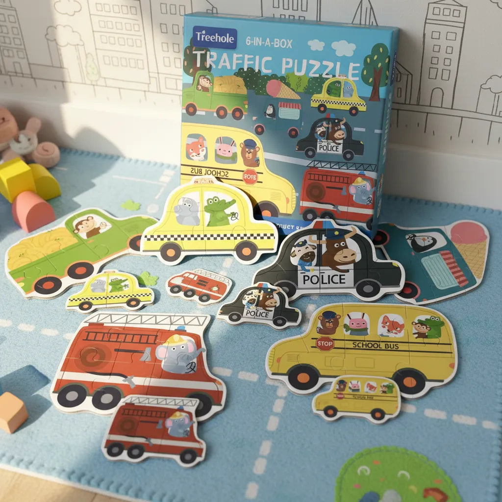 PUZZLE VEHÍCULOS - Progresivo 6 en 1 con miniatura